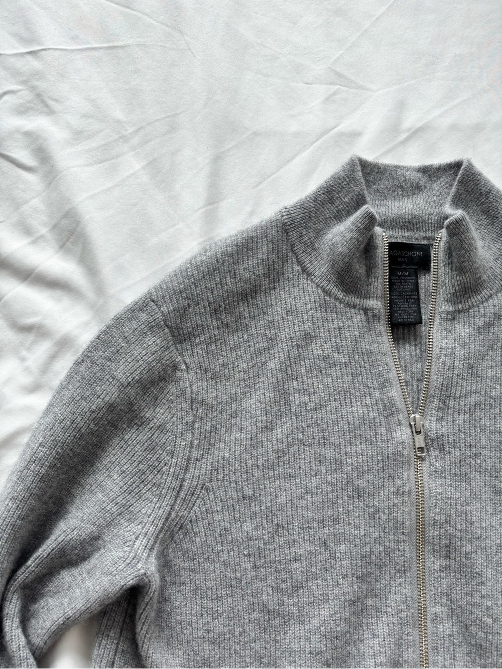 Magaschoni Men's Light Grey Zip Ribbed Sweater